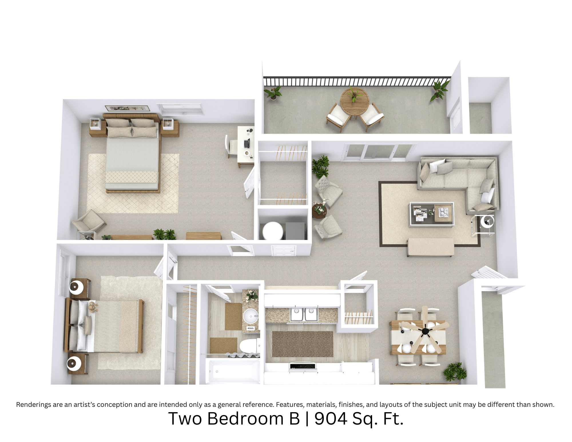 Floor plan for 2 beds, 1 bath, 904 sqft